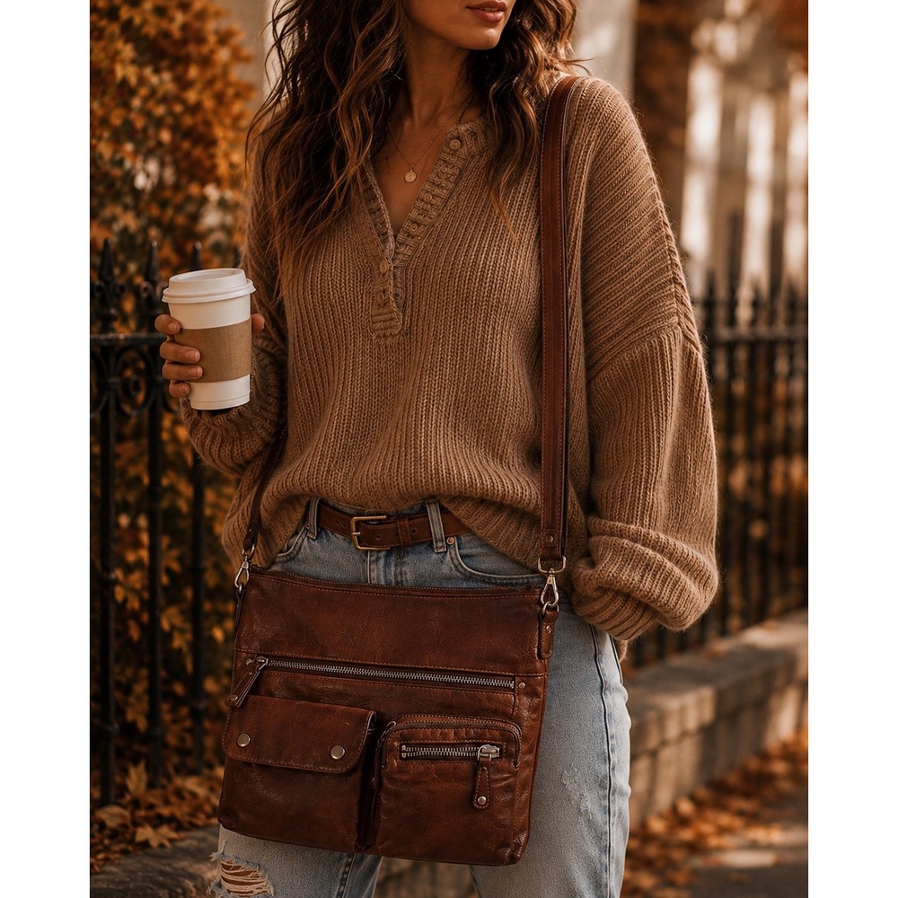 FOSSIL Sutton Shoulder Crossbody Bag Espresso Adjustable Strap‎ Retro Grunge